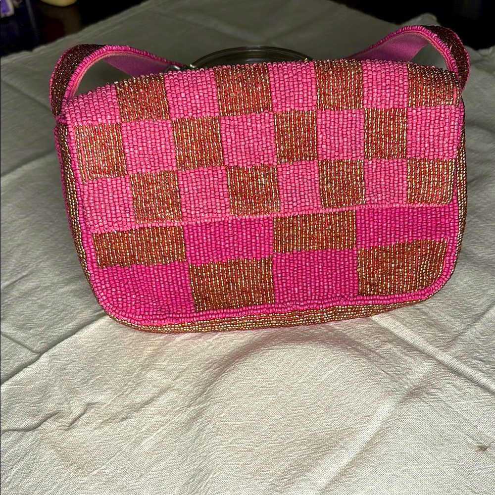 Anthropologie Pink and Gold Beaded Shoulder Bag